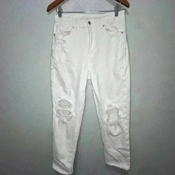 American Eagle Mom Straight Jean White Destroyed high rise stretch, Size 10 - Picture 1 of 16